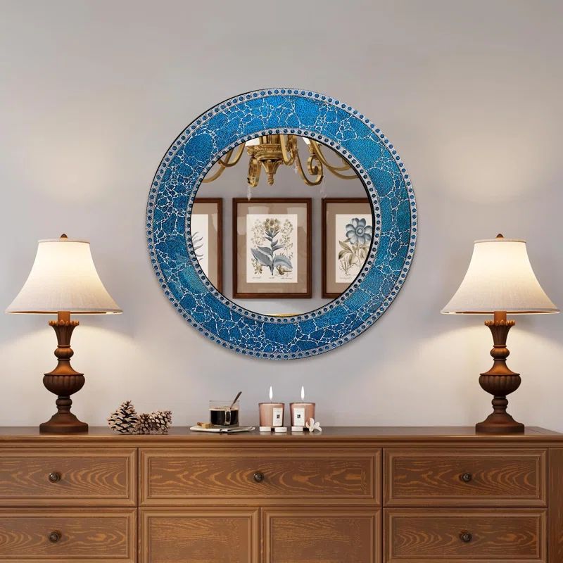 24-Inch Round Blue Crackled Glass Mosaic Wall Mirror