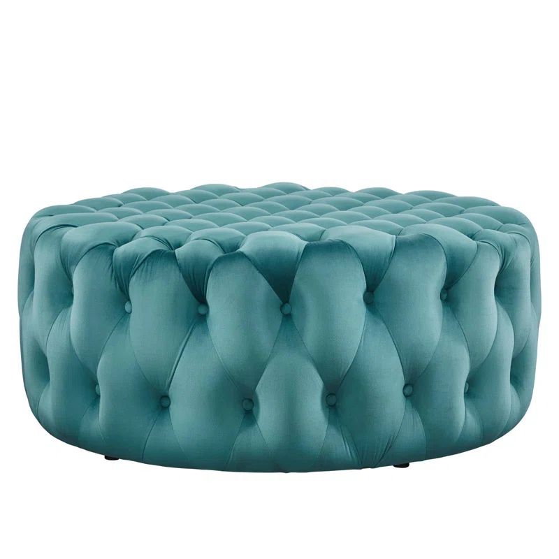 Amour Sea Blue Velvet Tufted Round Ottoman, 40"