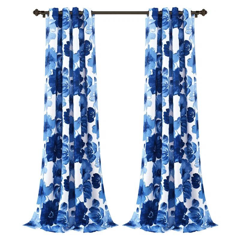 Navy and White Floral Light Filtering Grommet Curtains, 52"W x 84"L