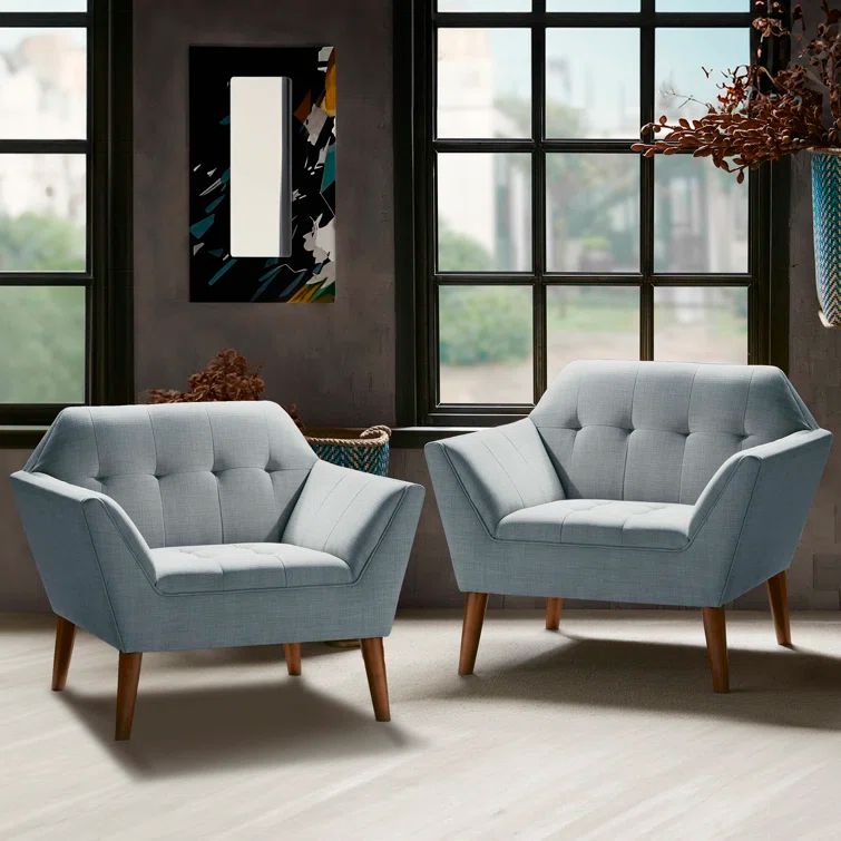 Mid-Century Light Blue Microfiber Accent Chair with Pecan Wood Legs
