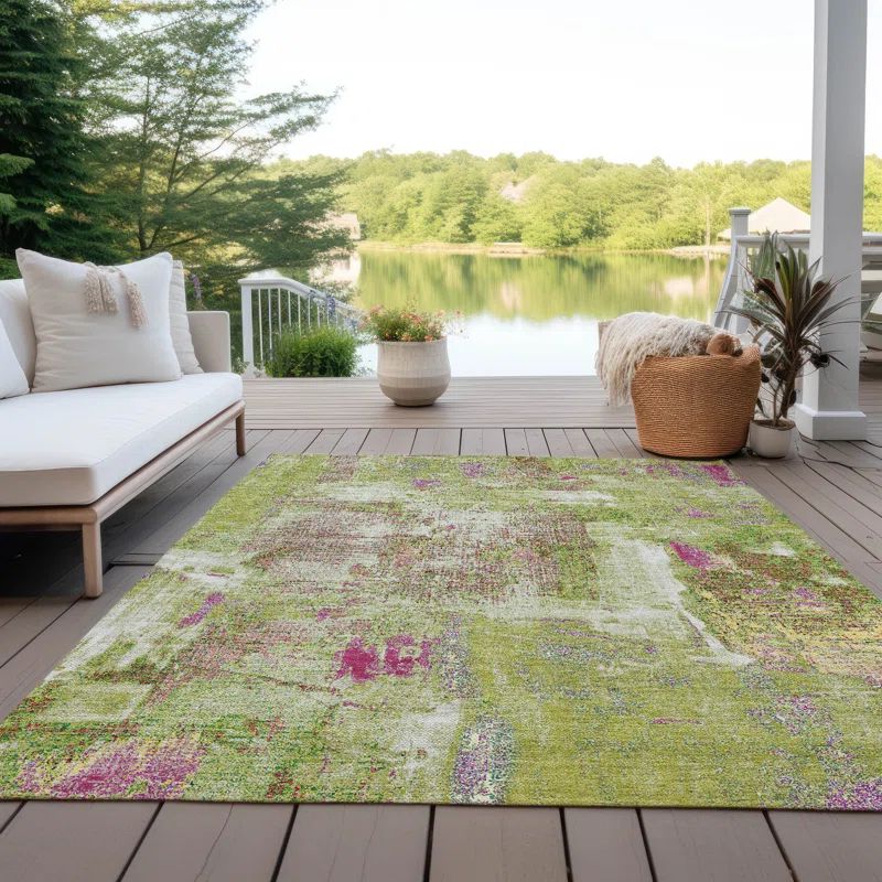 Lime Abstract Flat Woven Synthetic 8' x 10' Washable Rug