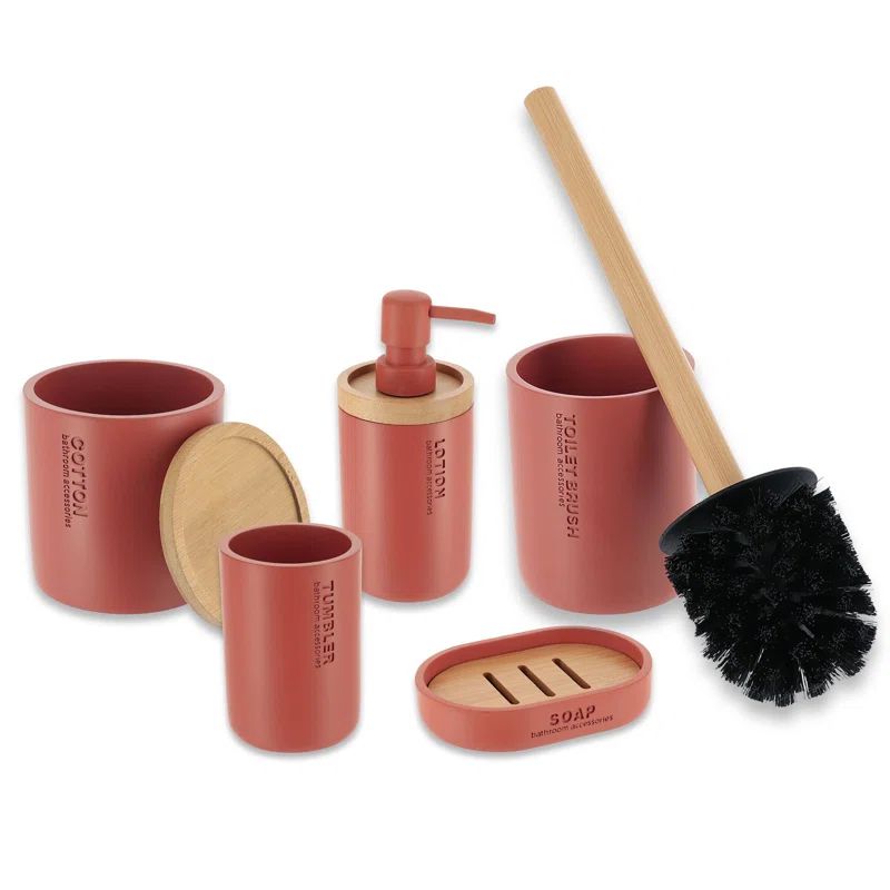 Terracotta and Bamboo 5-Piece Bathroom Accessory Set