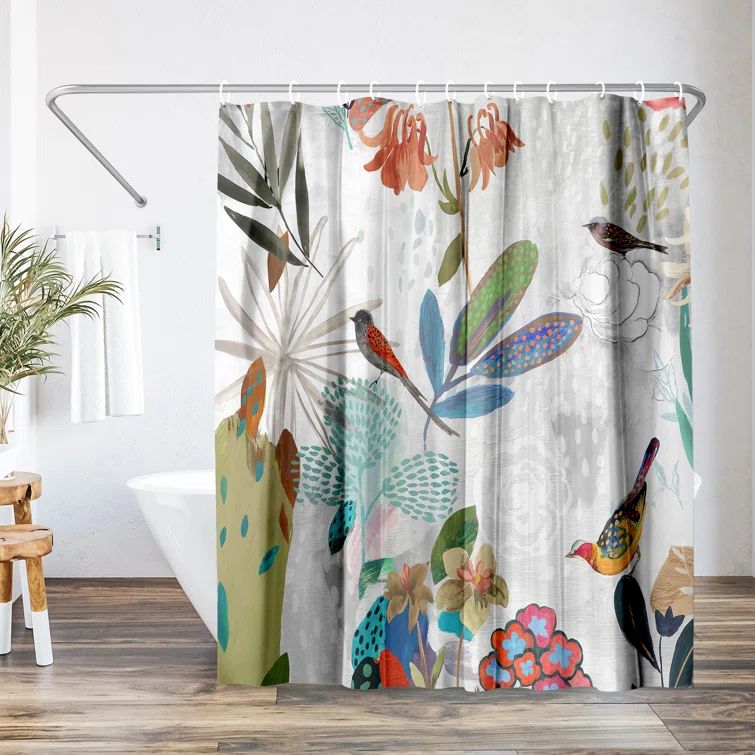 Colorful Botanical Birds Polyester Fabric Shower Curtain