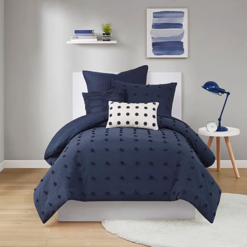 Navy Cotton Jacquard Twin/Twin XL Duvet Cover Set with Shams
