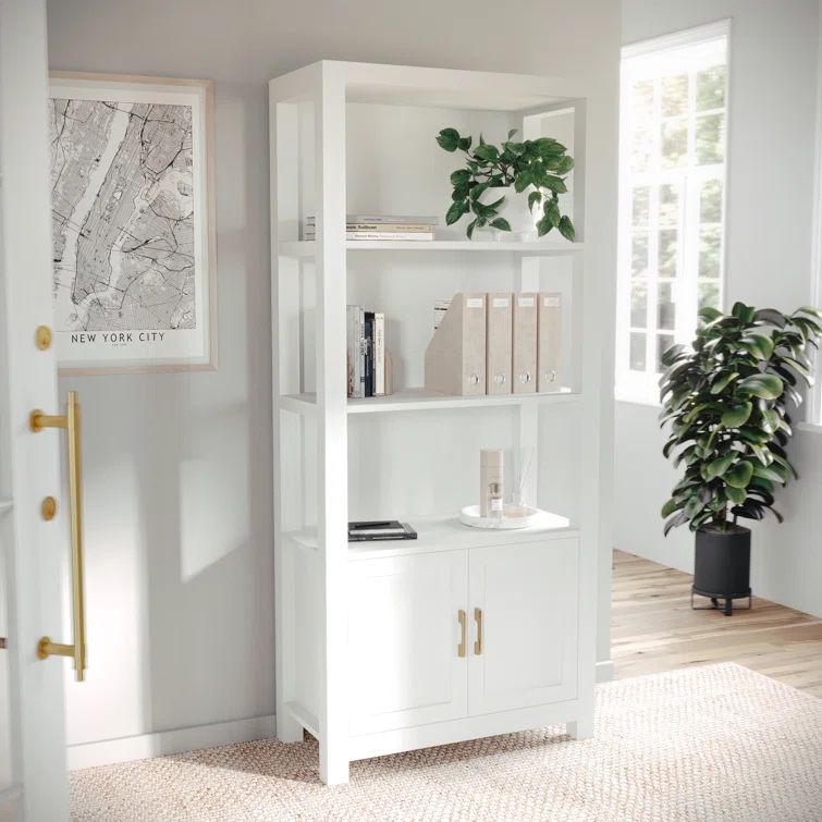 White 68" Wood Shaker Bookcase with Brass Hardware