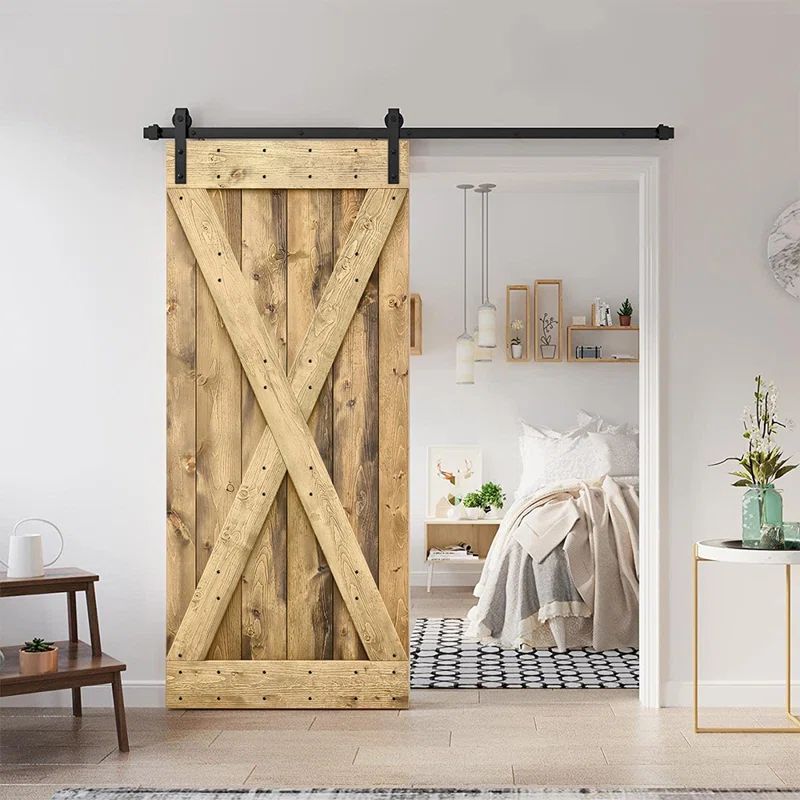 84'' Ocean Blue Solid Wood Barn Door with Matte Black Hardware