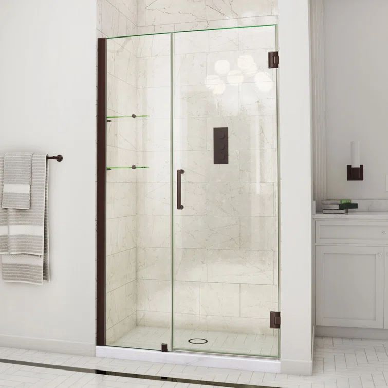 Unidoor 49" Frameless Clear Glass Hinged Shower Door with Black Hardware