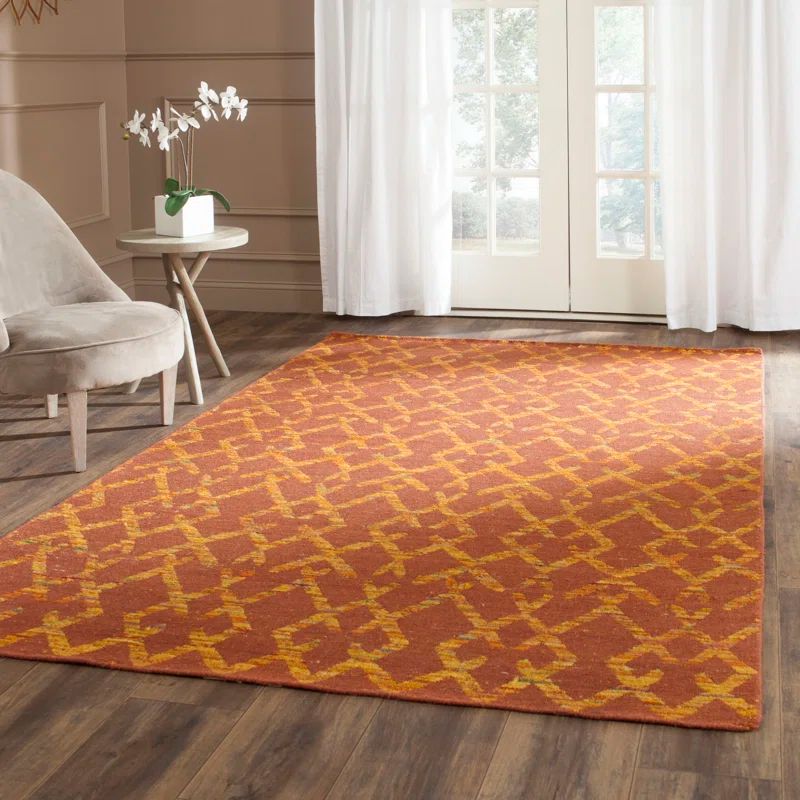 Rust and Gold Geometric Wool Flatweave Rug, 7' Square
