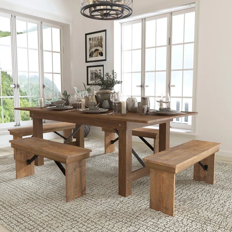 Antique Rustic 6-Person Pine Wood Farm Dining Set with Benches