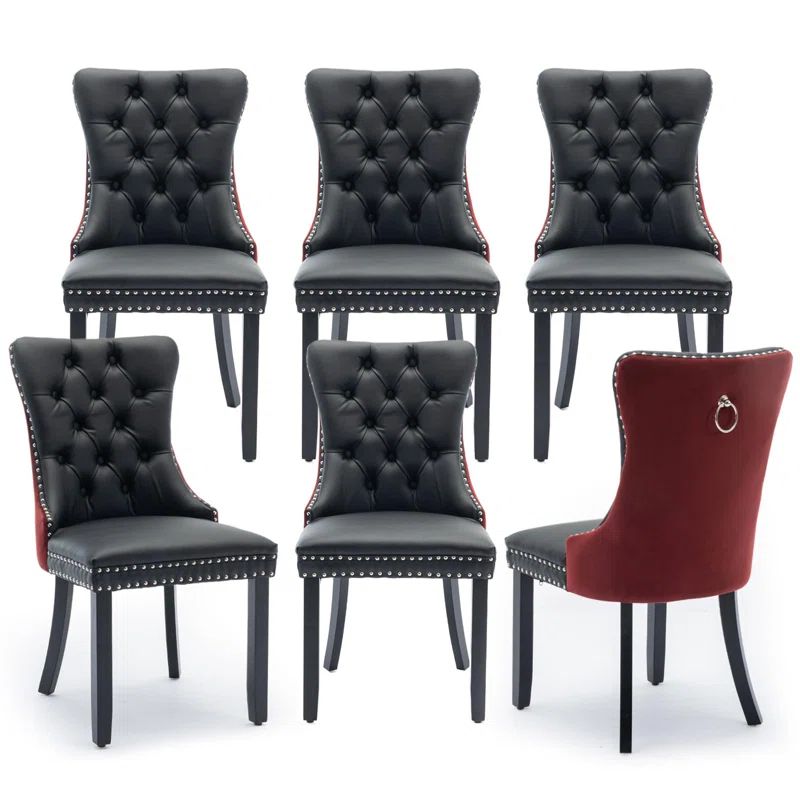 Gray Velvet Upholstered High Back Dining Chairs with Wood Legs, Set of 6