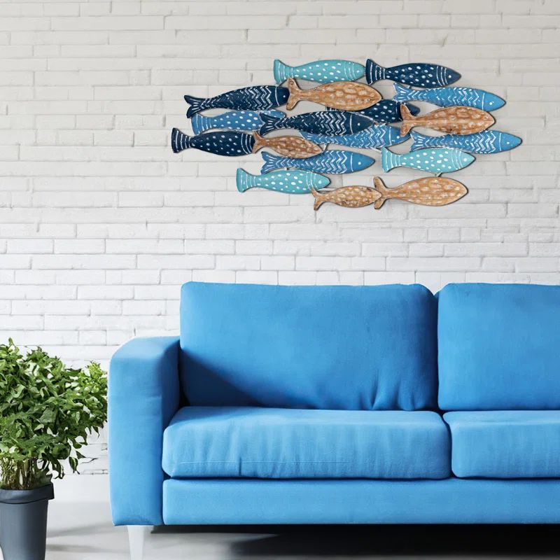 Hand-Painted Blue and Beige Metal School of Fish Wall Decor