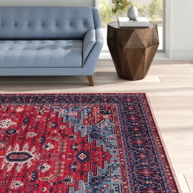 Red and Navy 9' x 12' Washable Viscose Chenille Rug