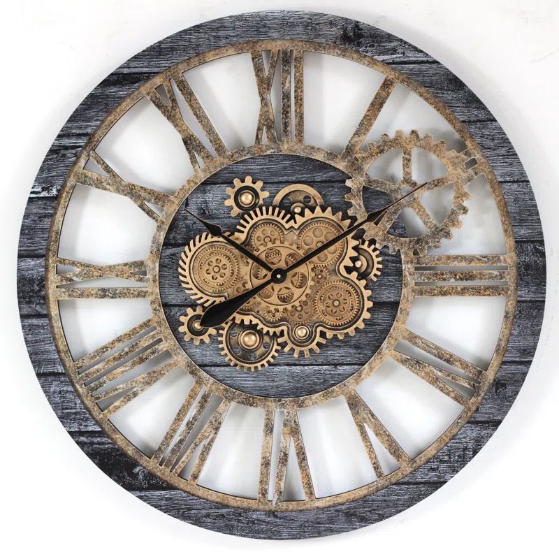 Oversized Dark Gray and Bronze Industrial Wall Clock with Moving Gears