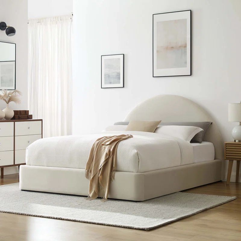 Alabaster Velvet Upholstered Full Platform Bed with Arched Headboard