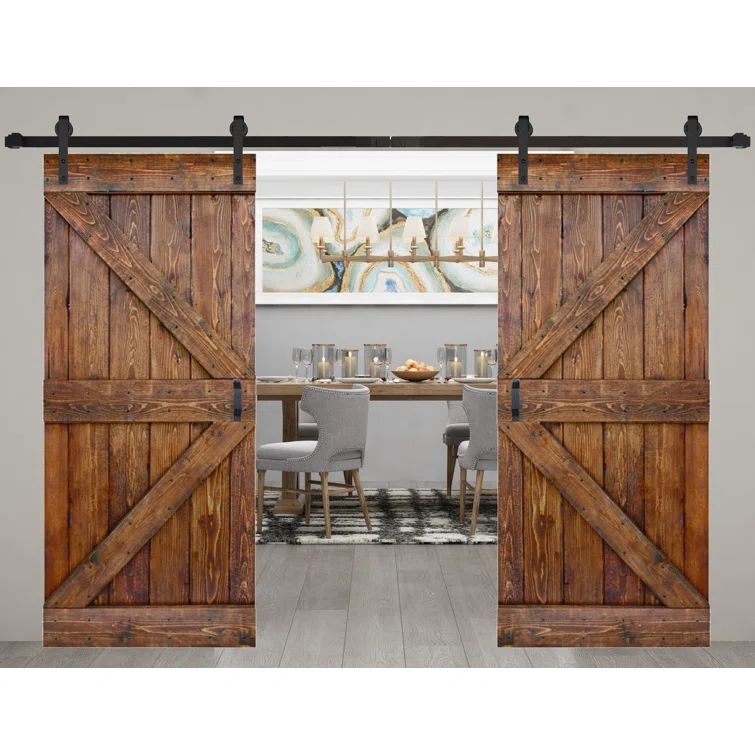 Classic Walnut Solid Wood Double Sliding Barn Door Kit with Matte Black Hardware