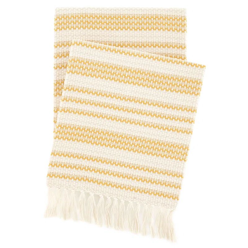 Handwoven Ivory and Gold Cotton Throw Blanket with Knotted Fringe