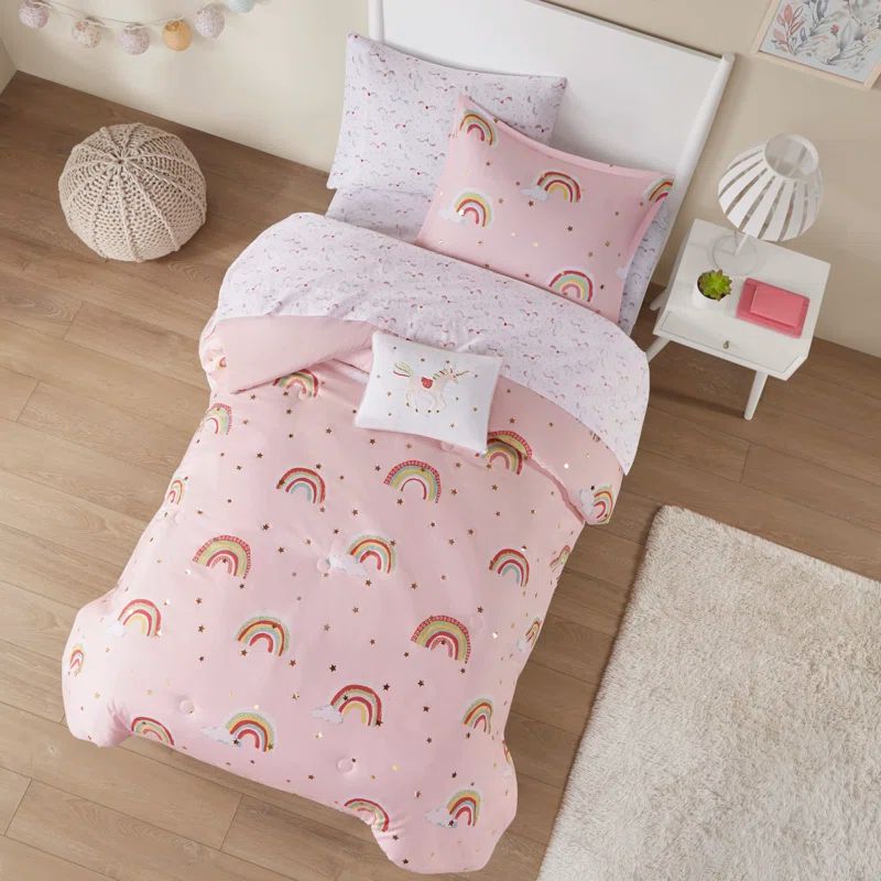 Full Pink Microfiber Rainbow and Stars Bed in a Bag Set