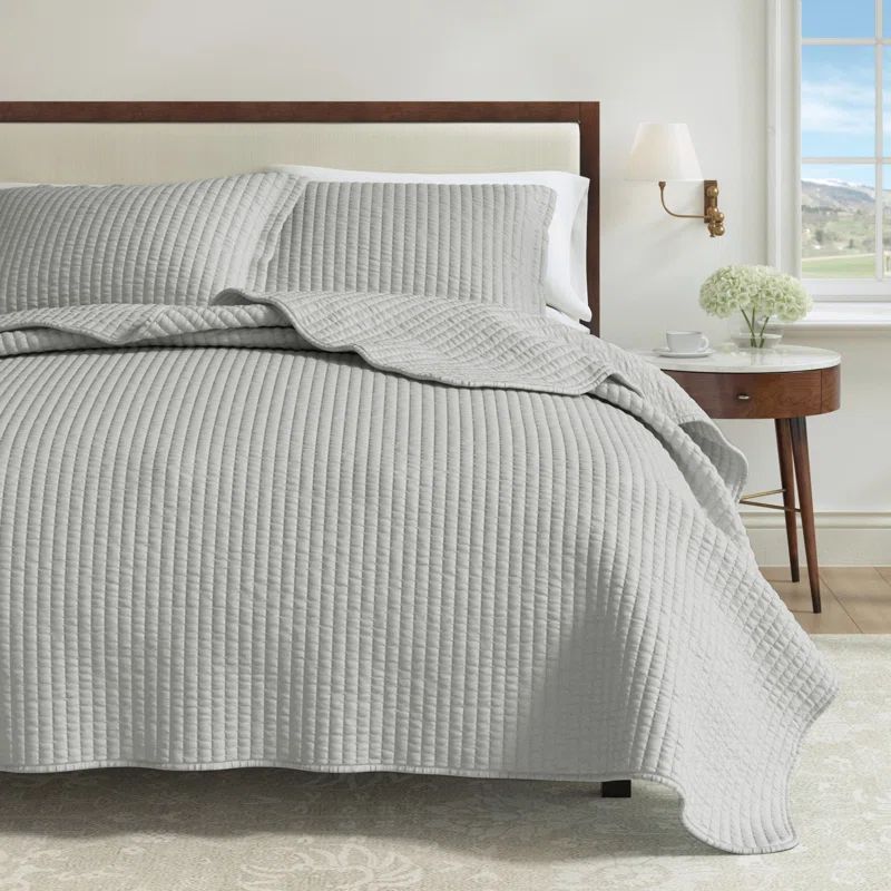 Light Gray Twin Microfiber Channel Stitch Quilt Set