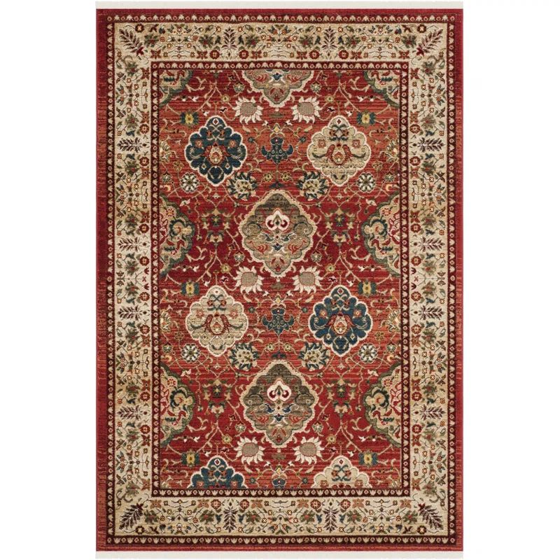 Elegant Red and Beige Floral 4' x 6' Synthetic Area Rug