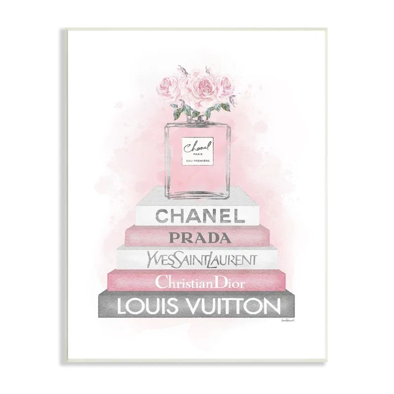 Pink Roses Perfume Bottle Glam Fashion Bookstack Wall Plaque