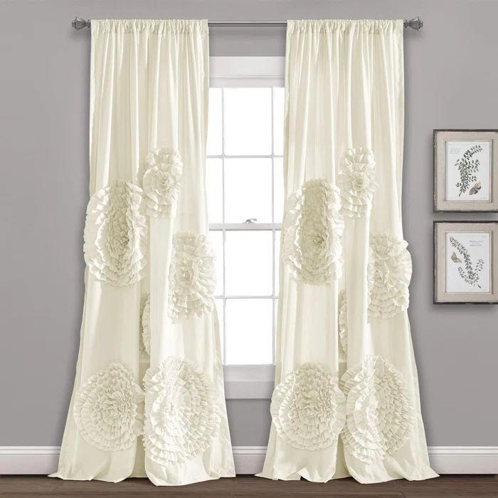 Ivory Polyester Light-Filtering Ruched Flower Curtain Panel