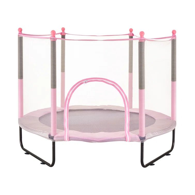 Pink Round Kids' Trampoline with Enclosure Net, 60.8x47.6 inch