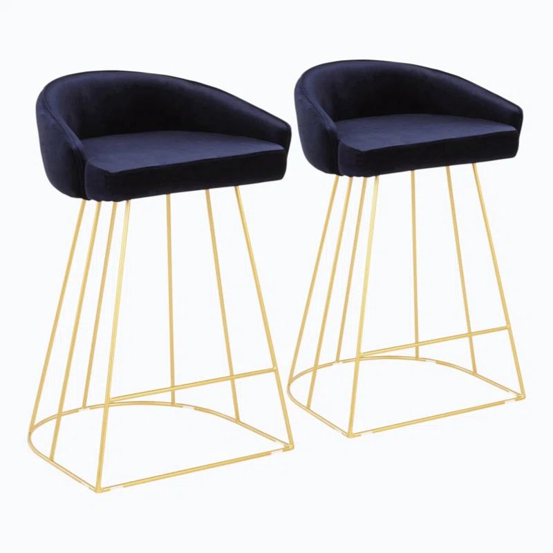 Indigo Blue Velvet and Gold Metal Counter Stools, Set of 2