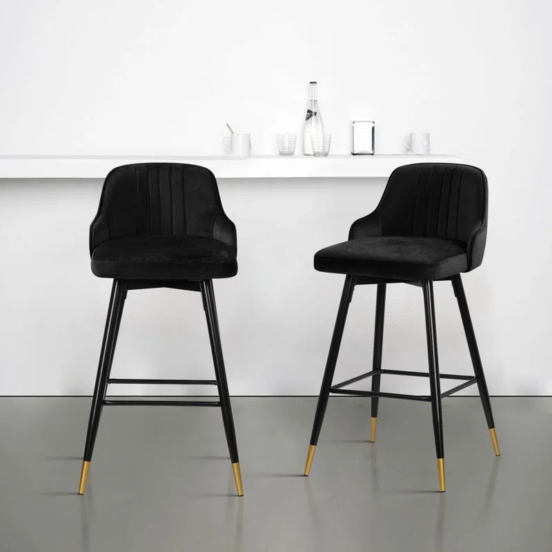Black Velvet Upholstered Swivel Bar Stools with Gold Tips, Set of 2