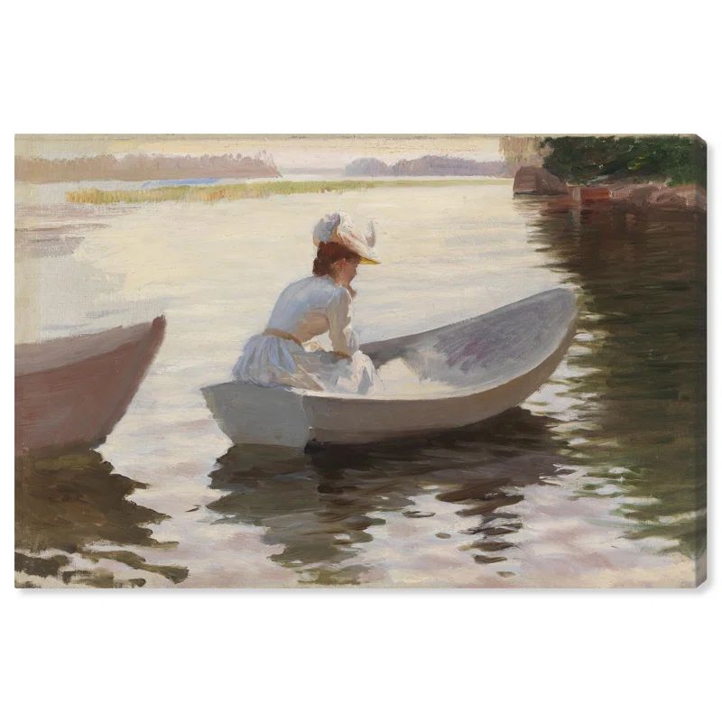 Woman in White Dress Rowing Boat Canvas Art Print