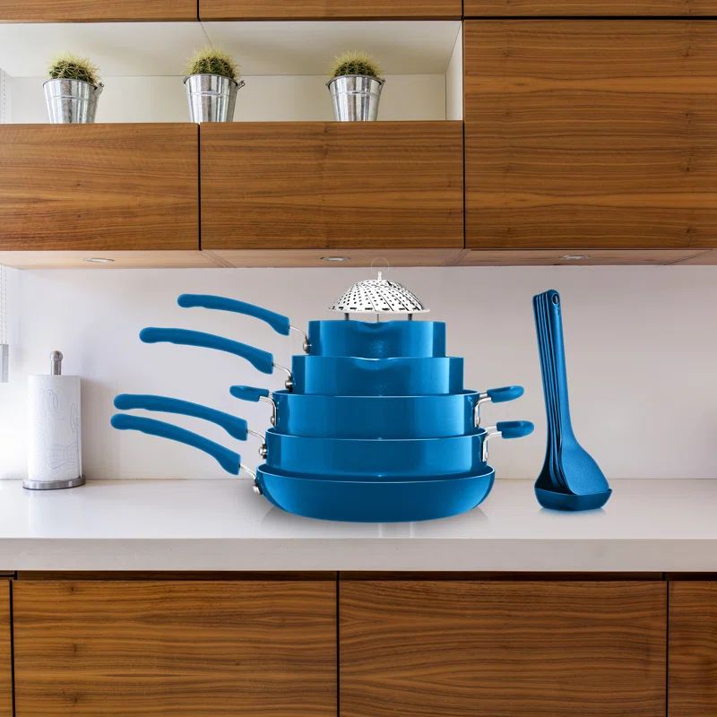 NutriChef 17-Piece Blue Aluminum Non-Stick Cookware Set