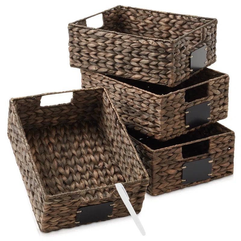 Espresso Water Hyacinth Woven Storage Baskets with Chalkboard Labels, Set of 4