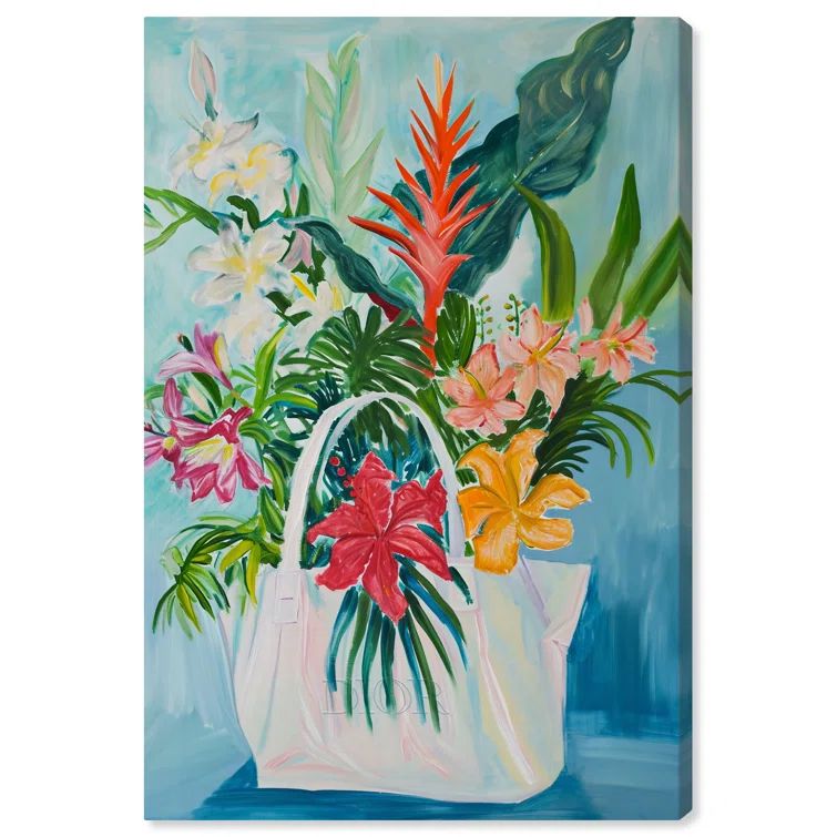 Large Tropical Flower Bag Canvas Art in Vibrant Colors