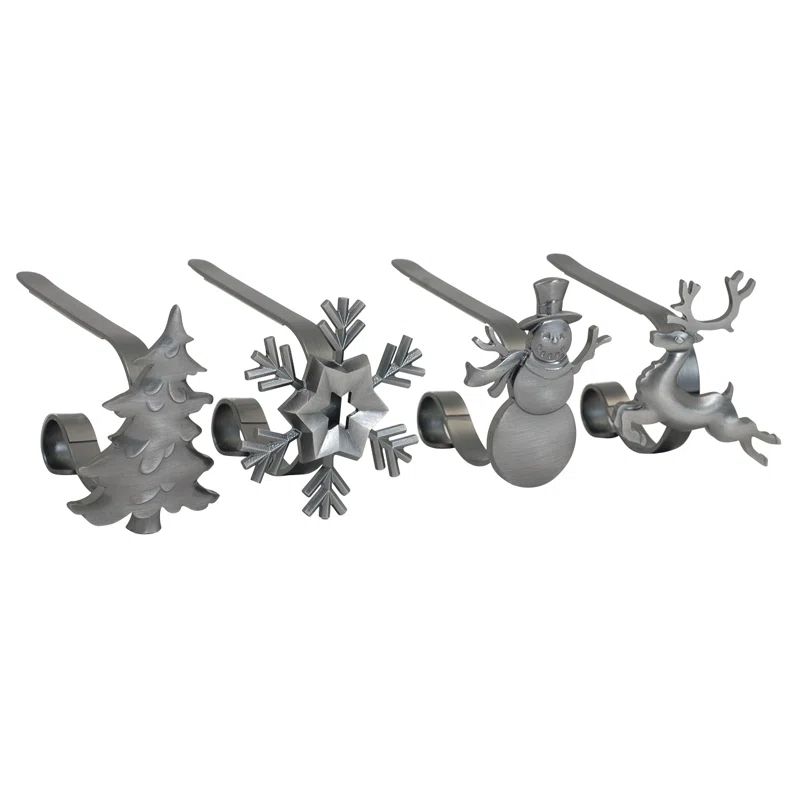 Pewter Holiday Icons Metal MantleClip Stocking Holder Set