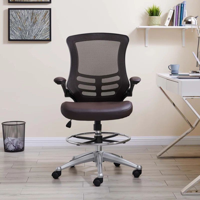 Elevated Brown Vinyl & Mesh Drafting Chair with Adjustable Arms and Swivel