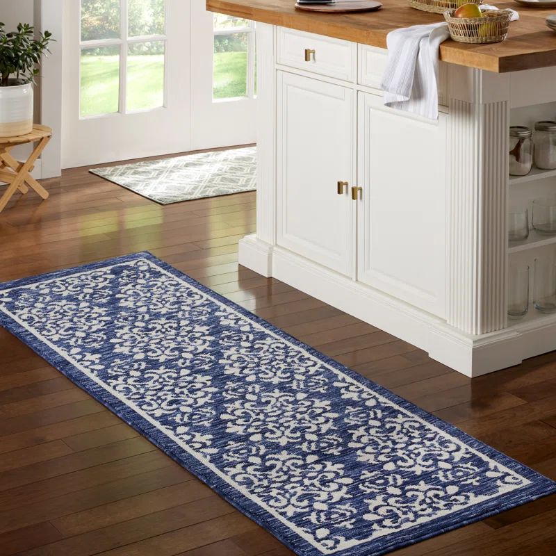 Navy Blue Tufted Medallion Washable Runner Rug 24" x 72"