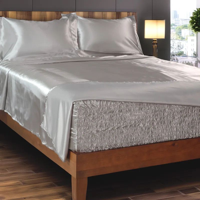 Luxurious Silver Satin Queen Sheet Set with Tight Grip