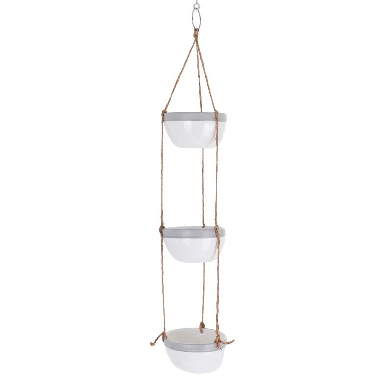 Gray Ceramic Hanging Planter Set with Glossy Finish