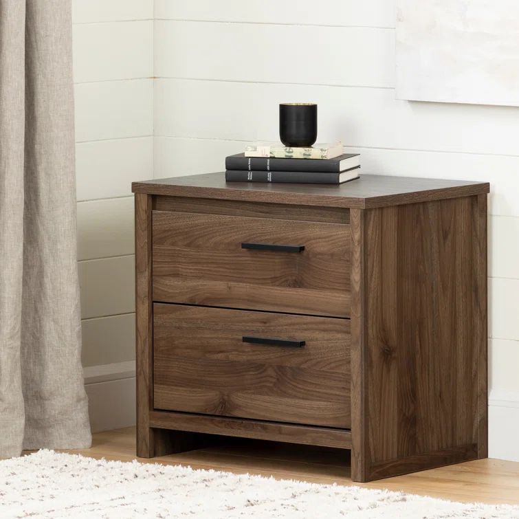 Natural Walnut 2-Drawer Nightstand with Black Handles
