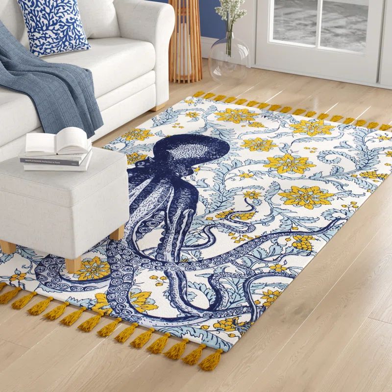 Handmade Coastal Octopus Cotton Area Rug, 6' x 9', Multicolor