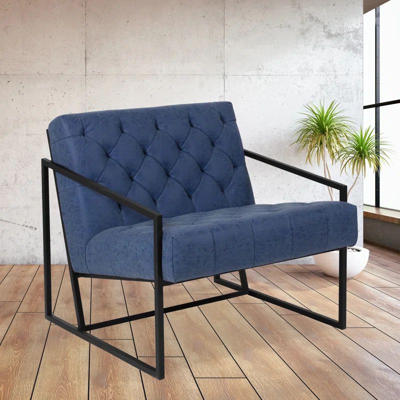 Retro Blue Tufted Leather Lounge Chair with Metal Frame