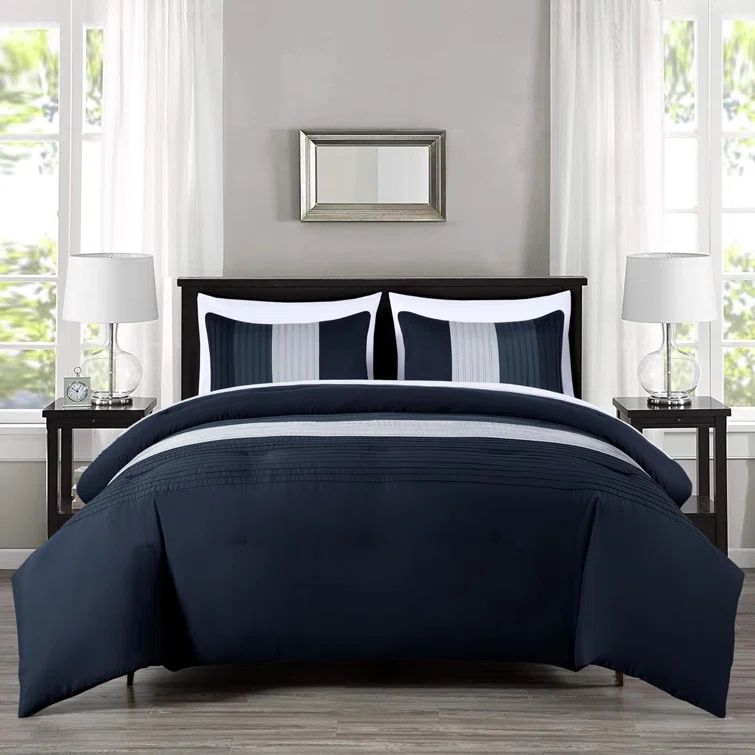 Full Navy Blue Gray Microfiber Bed in a Bag Set