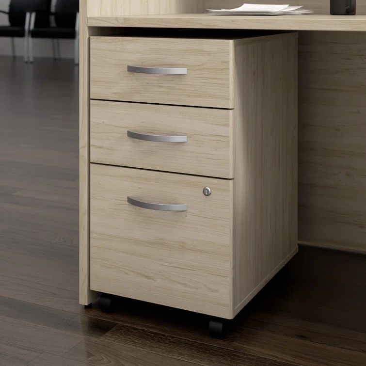 Natural Elm 3 Drawer Mobile File Cabinet with Lockable Storage
