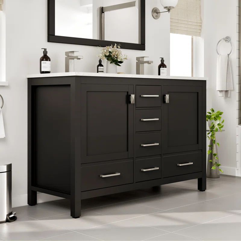 Espresso Double Sink Bathroom Vanity with White Quartz Top
