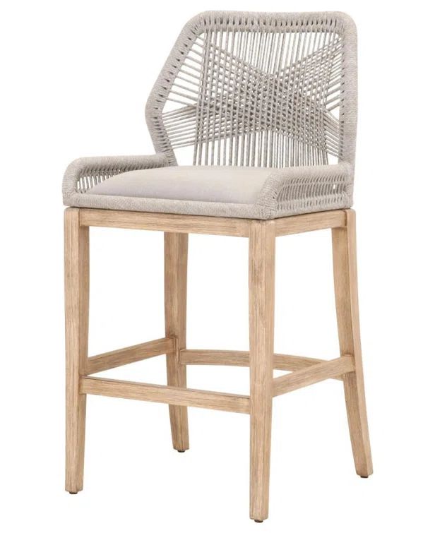 Transitional Taupe Gray Leather & Wood Bar Stool with Woven Backrest