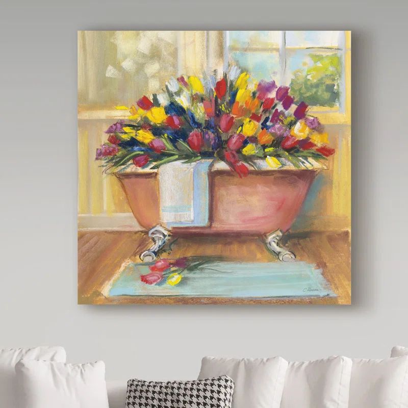 Floral Square Framed Canvas Art with Pink Bathtub