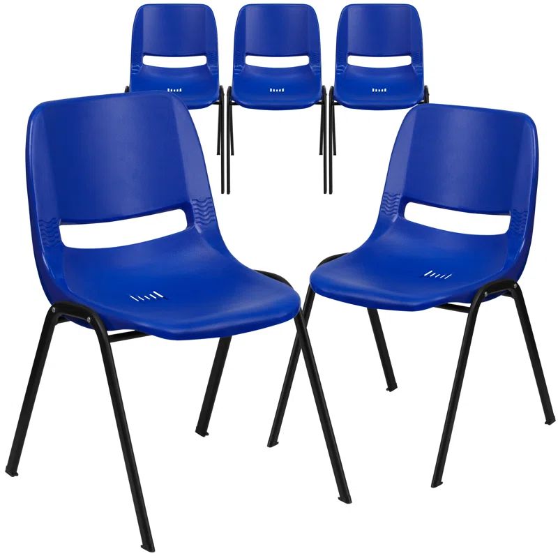 Blue Ergonomic Mid-Back Stacking Chair with Black Metal Frame