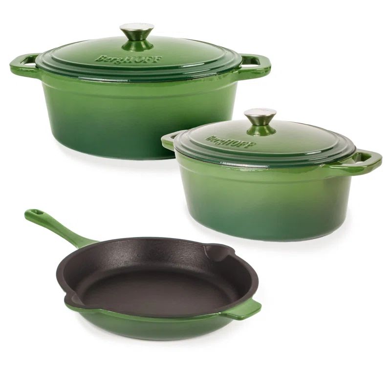 Green Enamel Cast Iron Cookware Set with Dutch Ovens and Fry Pan