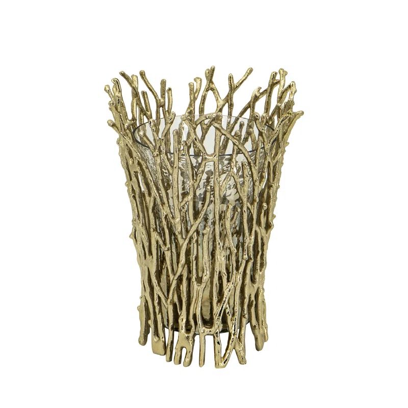 Gold Branch Design Glass Hurricane Candle Holder