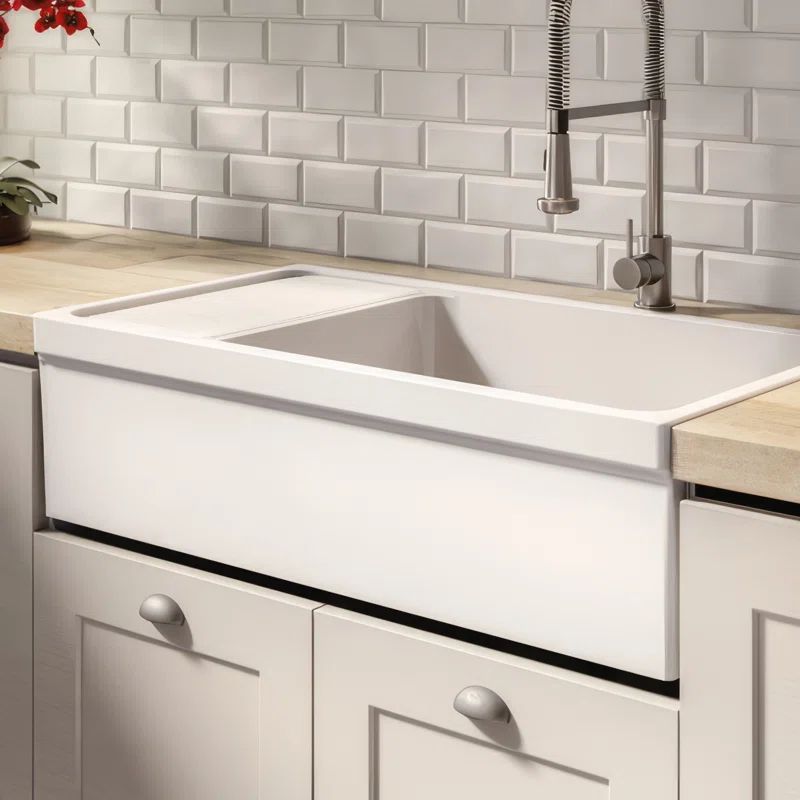 Matte White Fireclay Single Bowl Kitchen Sink with Drainboard