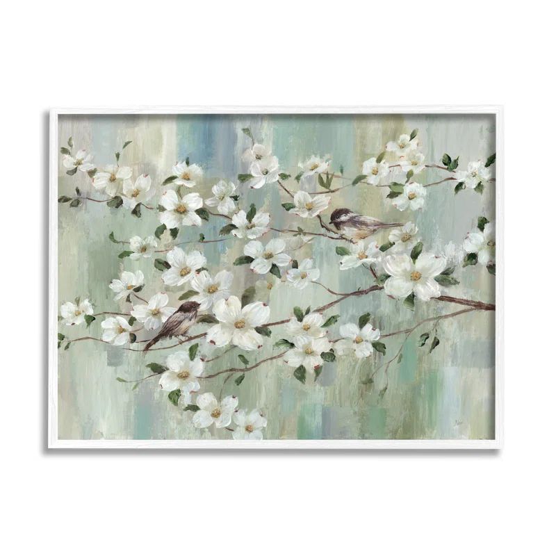 White Framed Canvas Print with Cherry Blossom and Birds, 20 x 16